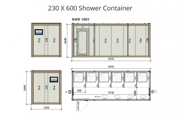 KW6 230X600 sprchový kontajner